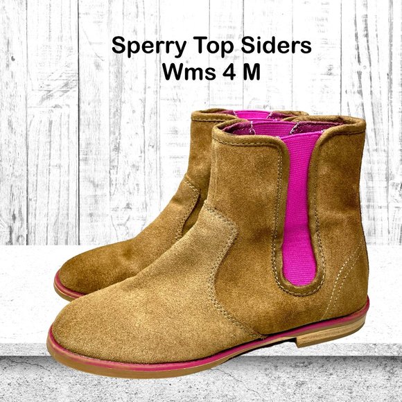 Sperry Womens Chelsea Tan Suede Purple Elastic Pullon Short Ankle Bootie Size 4M - Picture 1 of 11